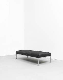 Sir Basil Spence Bench, from Swiss Cottage Central Library, Hampstead, London, circa 1964: Sir Basil SpenceBench, from Swiss Cottage Central Library, Hampstead, London, circa 1964 Steel, vinyl upholstery. 42.6 x 155 x 73 cmFootnotes:ProvenanceSwiss Cottage Central Library, Hampstead,
