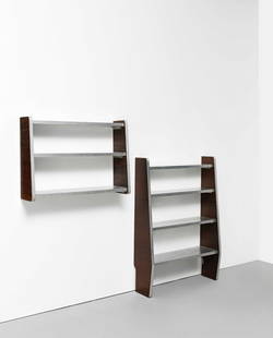 Ernest Race Wall-mounted 'BA' shelving unit, circa 1945: Ernest RaceWall-mounted 'BA' shelving unit, circa 1945Mahogany-laminated Haloplast, aluminium. 61.5 x 86 x 22.6 cmManufactured by Ernest Race Ltd., London, United Kingdom.This lot is subject to the