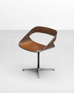 Geoffrey Harcourt Swivel chair, model no. 130, circa 1962: Geoffrey Harcourt Swivel chair, model no. 130, circa 1962 Teak-veneered plywood, steel, aluminium. 71.7 x 54.2 x 49.5 cm Manufactured by Artifort, Maastricht, the Netherlands. Underside with metal lab