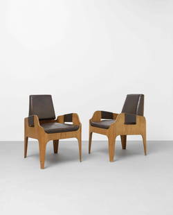 John Wright Pair of armchairs, from the 'SS Canberra' ocean liner, 1960s: John WrightPair of armchairs, from the 'SS Canberra' ocean liner, 1960sWalnut-veneered plywood, leather upholstery. Each: 83.5 x 56.5 x 66.5 cmFootnotes:ProvenanceSS Canberra, 1960sLiteratureP&O,