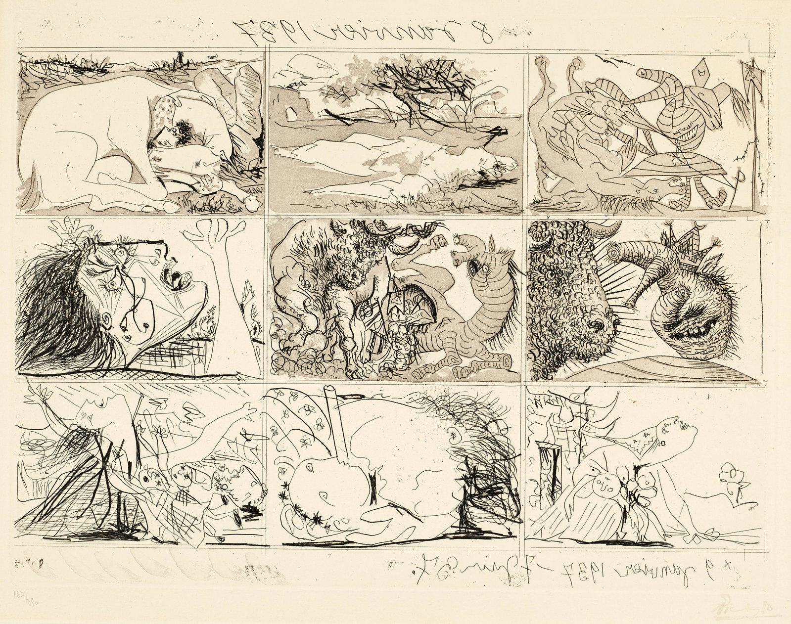Pablo Picasso (1881-1973); Sueño y Mentira de Franco II;: Pablo Picasso (1881-1973) Sueño y Mentira de Franco II (Bloch 298), 1937 Etching and aquatint on Montval laid paper, with the artist's inkstamp signature (as issued), numbered 167/850 (there were