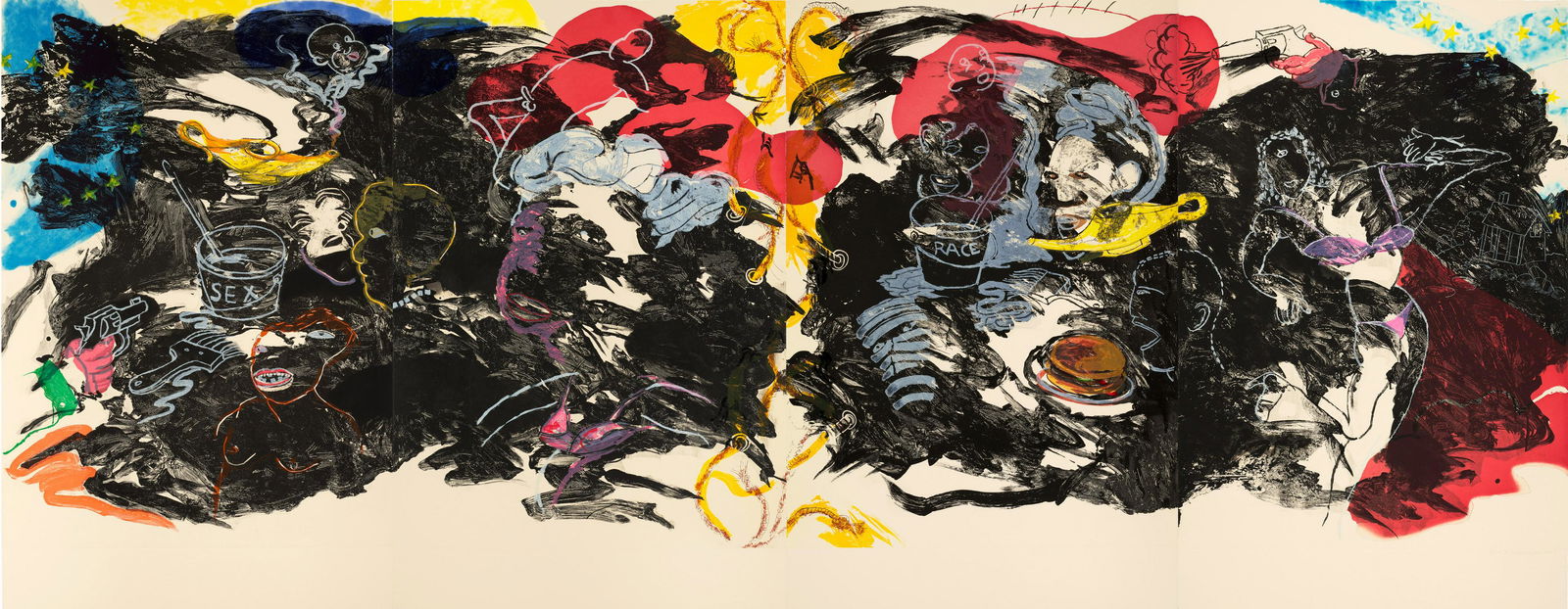 Robert H. Colescott (1925-2009); Pontchartrain (quadriptych);: Robert H. Colescott (1925-2009) Pontchartrain (quadriptych), 1997 Etching, sugar lift and spit bite aquatint with drypoint in colors, printed on 4 sheets of Arches Cream cover paper, adjacently, signe