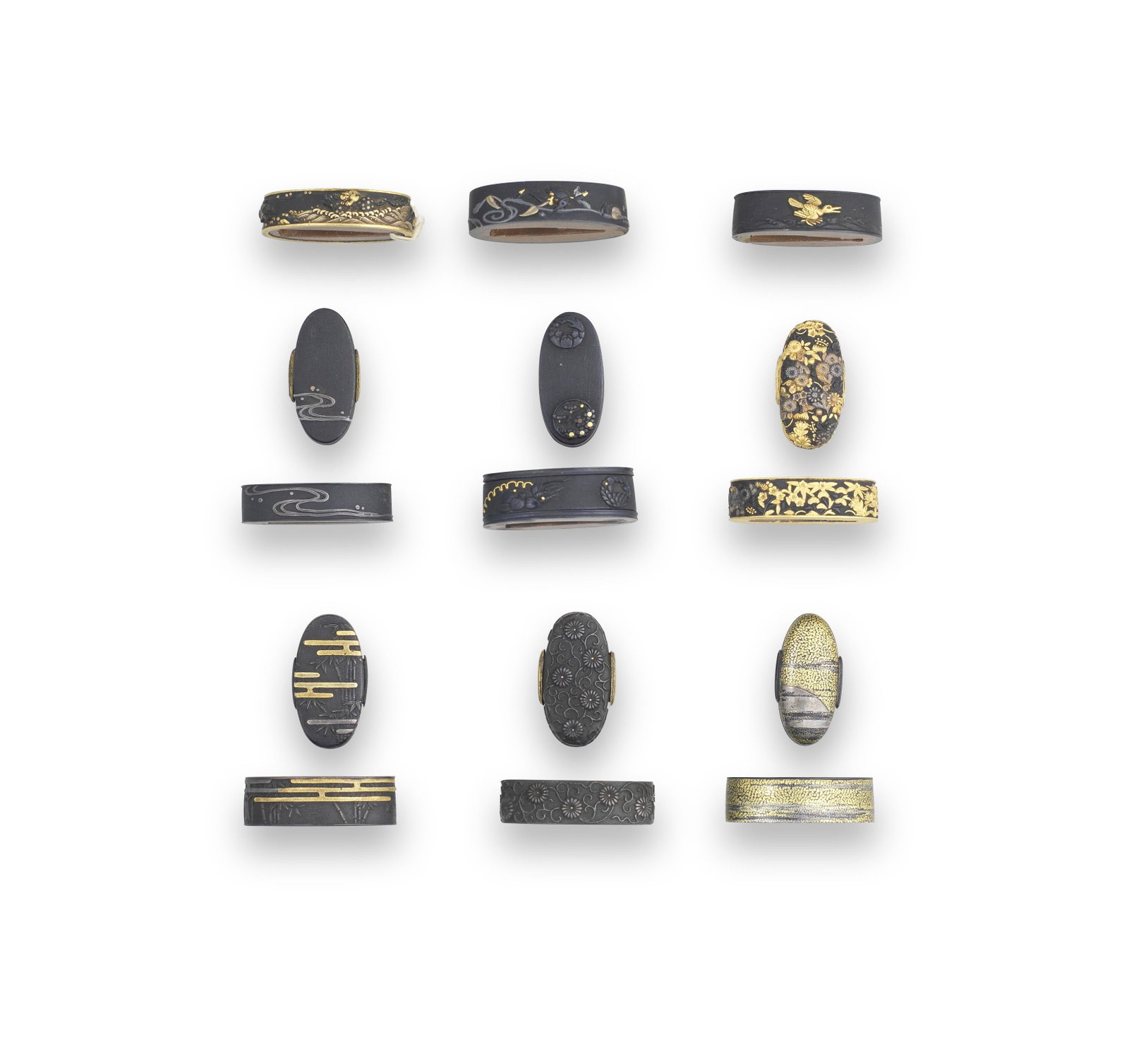THREE FUCHI (HILT COLLARS) AND SIX FUCHI-GASHIRA (HILT COLLARS AND POMMELS) Edo period (1615-186...: THREE FUCHI (HILT COLLARS) AND SIX FUCHI-GASHIRA (HILT COLLARS AND POMMELS) Edo period (1615-1868), 18th to 19th century The first fuchi shakudo nanako and gold, with tigers and a cub crossing a river