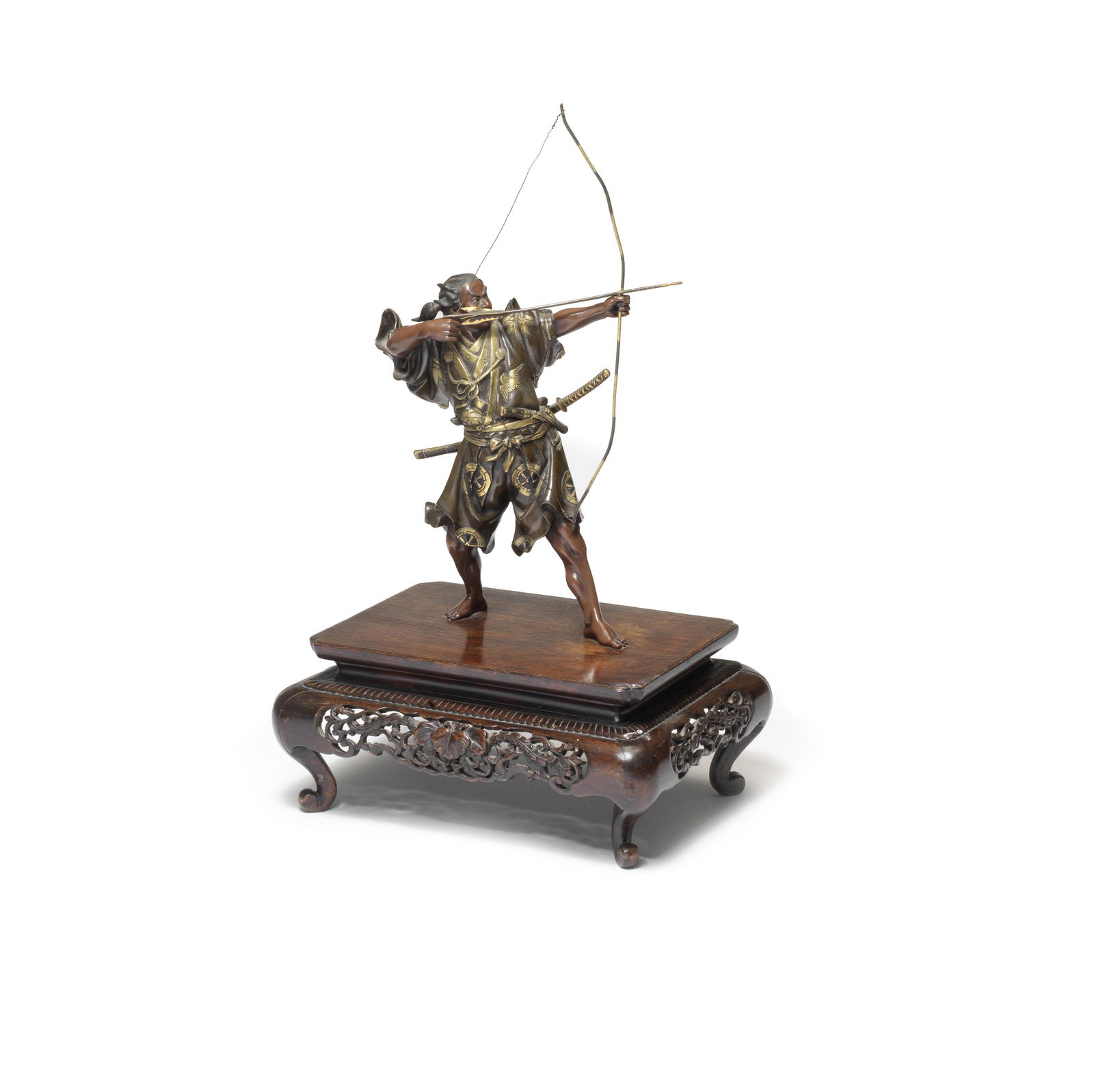AKASOFU GYOKKO A Gilt-Bronze Figure of an Archer Meiji (1868-1912) or Taisho (1912-1926) era, ea...: AKASOFU GYOKKO A Gilt-Bronze Figure of an Archer Meiji (1868-1912) or Taisho (1912-1926) era, early 20th century The archer standing barefoot in a belligerent pose, leaning back slightly as he takes a