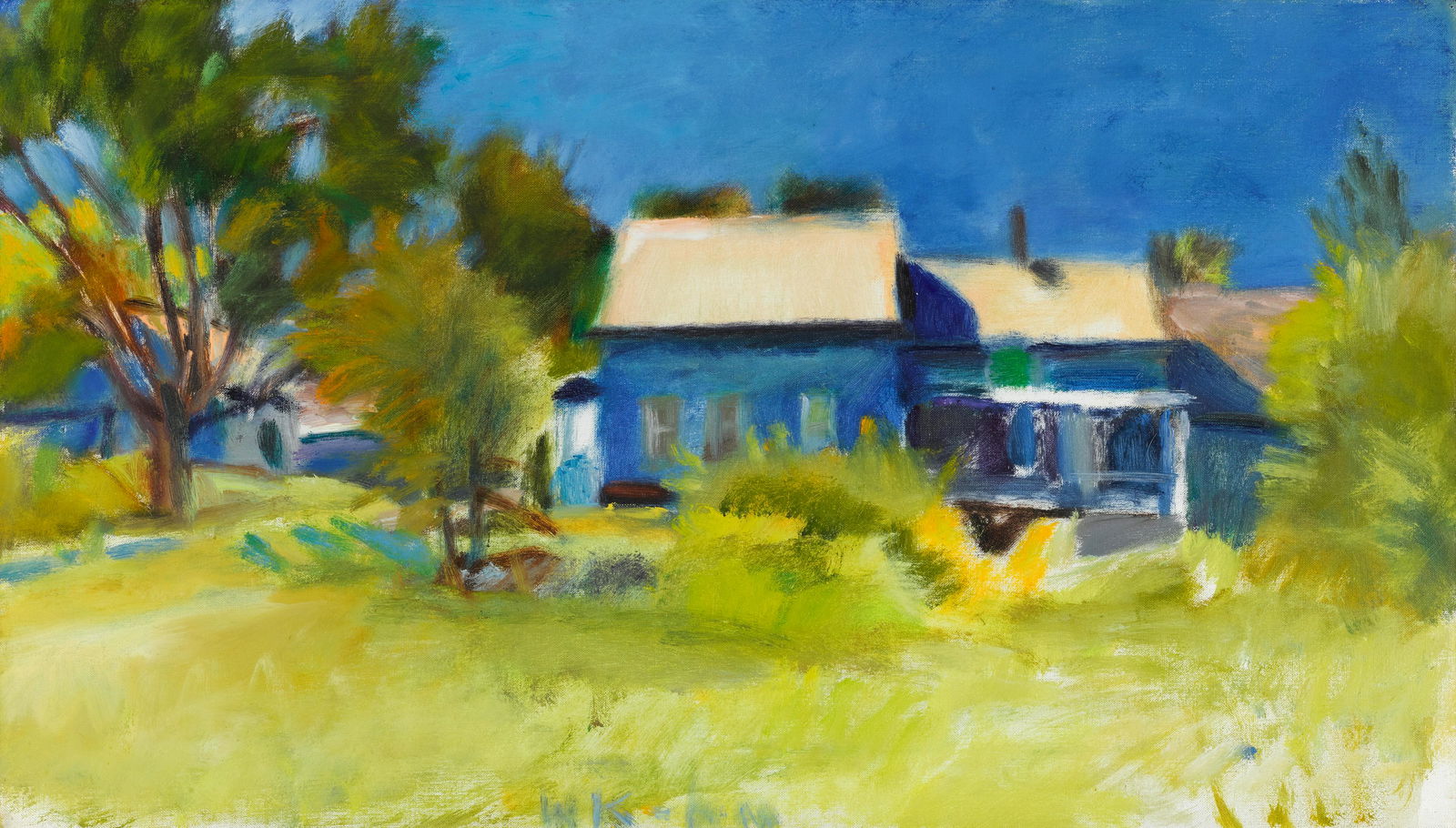 Wolf Kahn (1927-2020) The Blue-Painted House Near Rte 9 16 1/8 x 28 1/8 in. (41 x 71.4 cm.) (Pai...: Wolf Kahn (1927-2020) The Blue-Painted House Near Rte 9 signed 'W Kahn' (lower center) and inscribed with title (on the stretcher) and inscribed with artist's inventory number '#89 1981' (on the stret