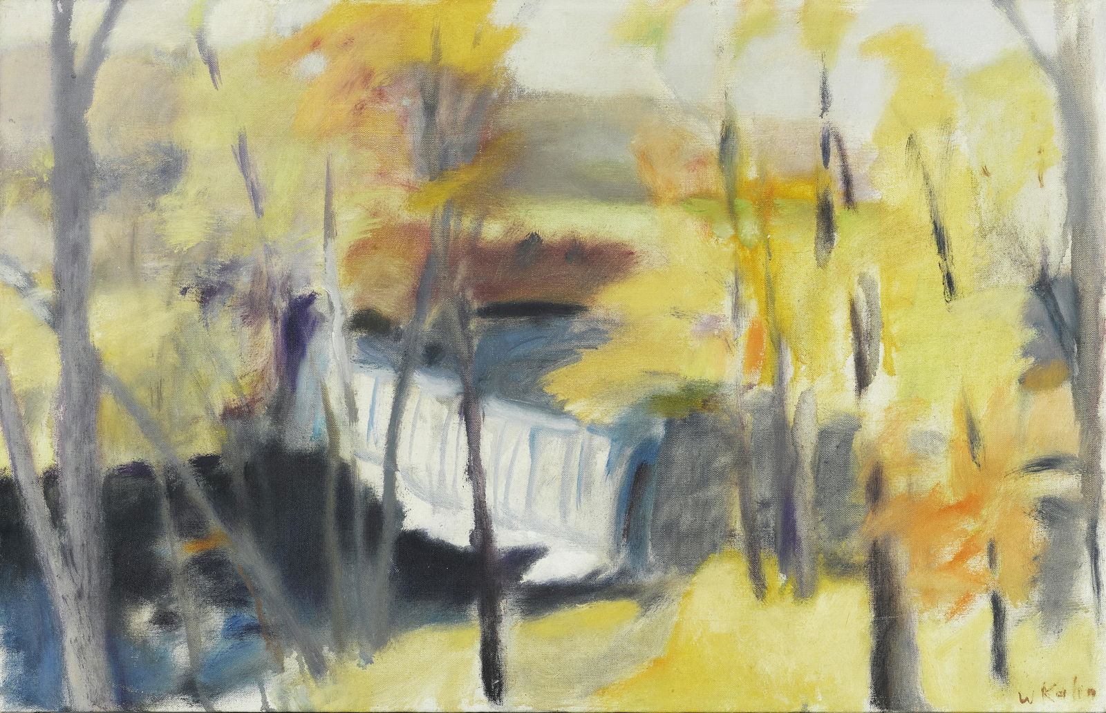 Wolf Kahn (1927-2020) Great Falls, Paterson, NJ 18 1/8 x 28 in. (46 x 71.1 cm.) (Painted in 1973.): Wolf Kahn (1927-2020) Great Falls, Paterson, NJ signed 'W Kahn' (lower right) and inscribed with artist's inventory number '#17 1973' (on the reverse) oil on canvas 18 1/8 x 28 in. (46 x 71.1 cm.) Pai