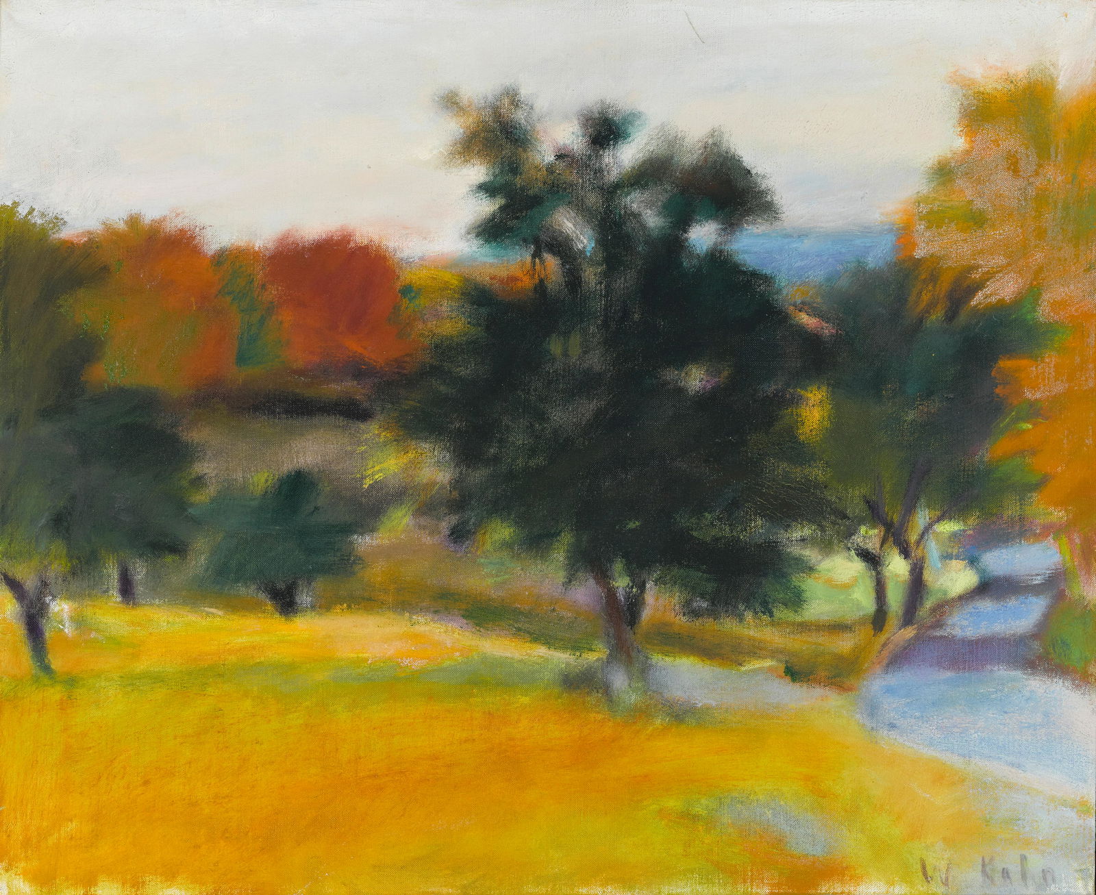 Wolf Kahn (1927-2020) MacArthurs Field 18 x 22 1/8 in. (45.7 x 56.2 cm.) (Painted in 1977.): Wolf Kahn (1927-2020) MacArthurs Field signed 'W Kahn' (lower right) and inscribed with title (on the stretcher) and inscribed with artist's inventory number '#84 1977' (on the reverse) and inscribed