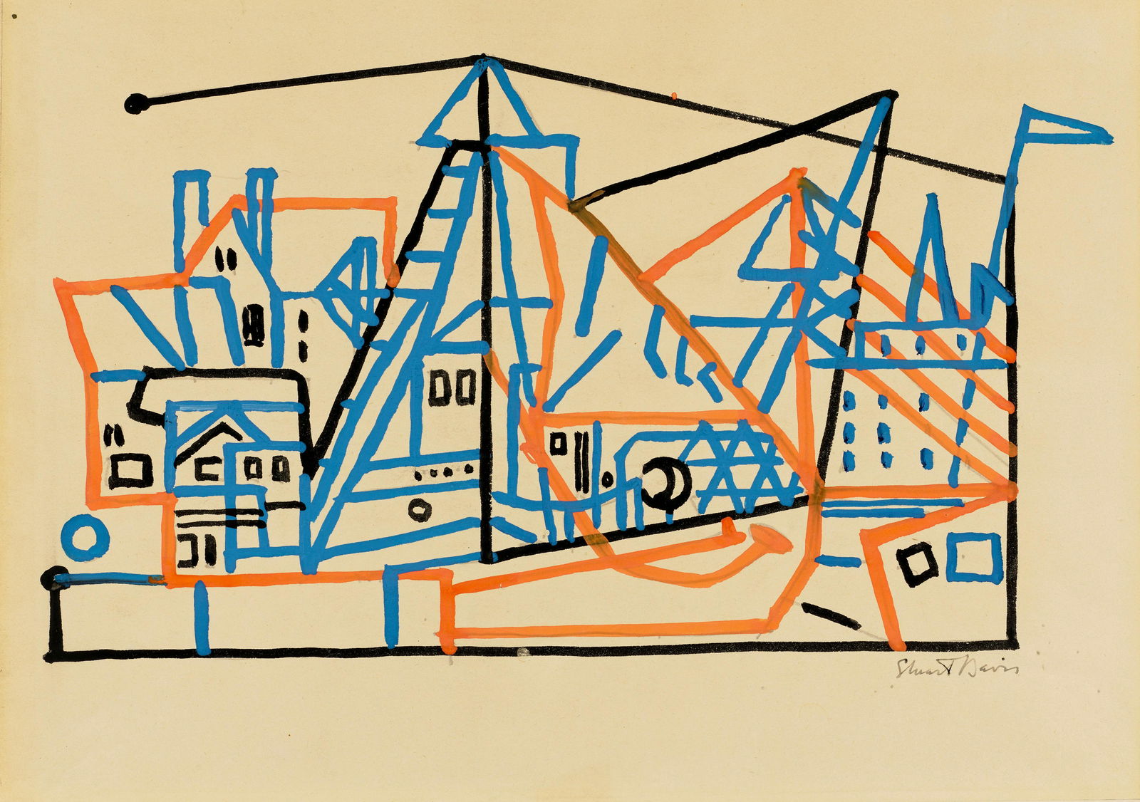 Stuart Davis (1892-1964) Town and Boats 11 7/8 x 16 in. (30.2 x 40.6 cm.) (Executed in 1932.): Stuart Davis (1892-1964) Town and Boats signed 'Stuart Davis' (lower right) gouache, ink, and pencil on paper 11 7/8 x 16 in. (30.2 x 40.6 cm.) Executed in 1932. Footnotes: Provenance The Downtown