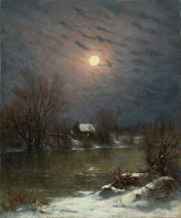 Jervis McEntee (1828-1891) Under a Full Moon 12 1/8 x 10 in. (30.8 x 25.4 cm.) (Painted in 1865.): Jervis McEntee (1828-1891) Under a Full Moon signed and dated 'J. McE. / 1865.' (lower right) oil on canvas 12 1/8 x 10 in. (30.8 x 25.4 cm.) Painted in 1865. Footnotes: Provenance Priv