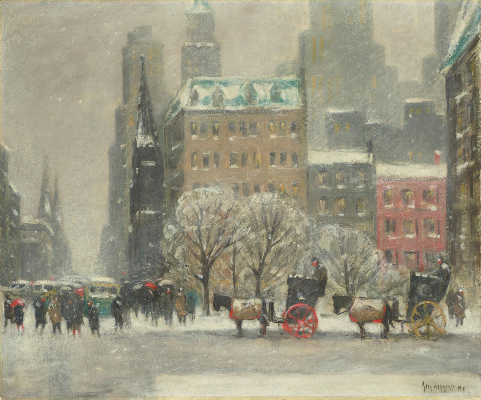 Guy Carleton Wiggins (1883-1962) Winter's Day at the Plaza 25 1/8 x 30 1/8 in. (63.8 x 76.5 cm.)...: Guy Carleton Wiggins (1883-1962) Winter's Day at the Plaza signed 'Guy Wiggins NA' (lower right) and inscribed with title, signed again, and dated '1955' (on the reverse) oil on canvas 25 1/8 x 30 1/8