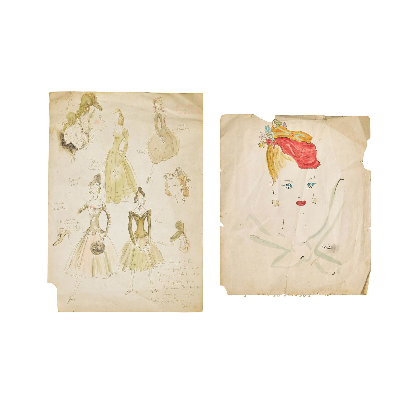 Two Cecil Beaton Design Sketches For Lady Sylvia Ashley: Two Cecil Beaton Design Sketches For Lady Sylvia Ashley Comprising: a fashion design sketch on paper, circa 1930s, illustrating dresses, hats, and shoes, likely for Lady Sylvia's wedding trousseau, wi