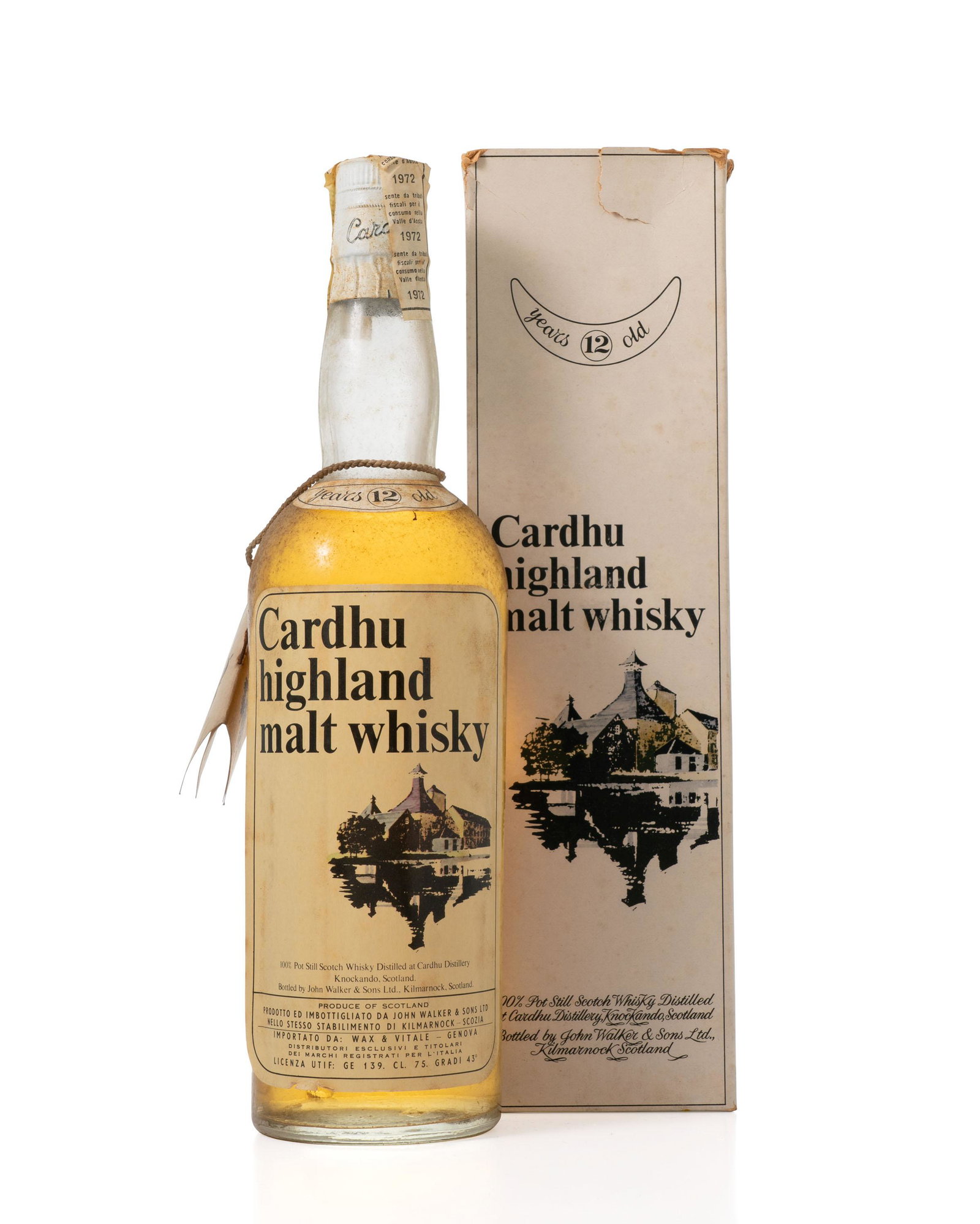 Cardhu-12 year old: Cardhu-12 year old Distilled at Cardhu Distillery. Bottled by John Walker & Sons Ltd. In original carton (damages). Labelling foxed and rubbed with lower left-hand corner lifting. Level: very top shou
