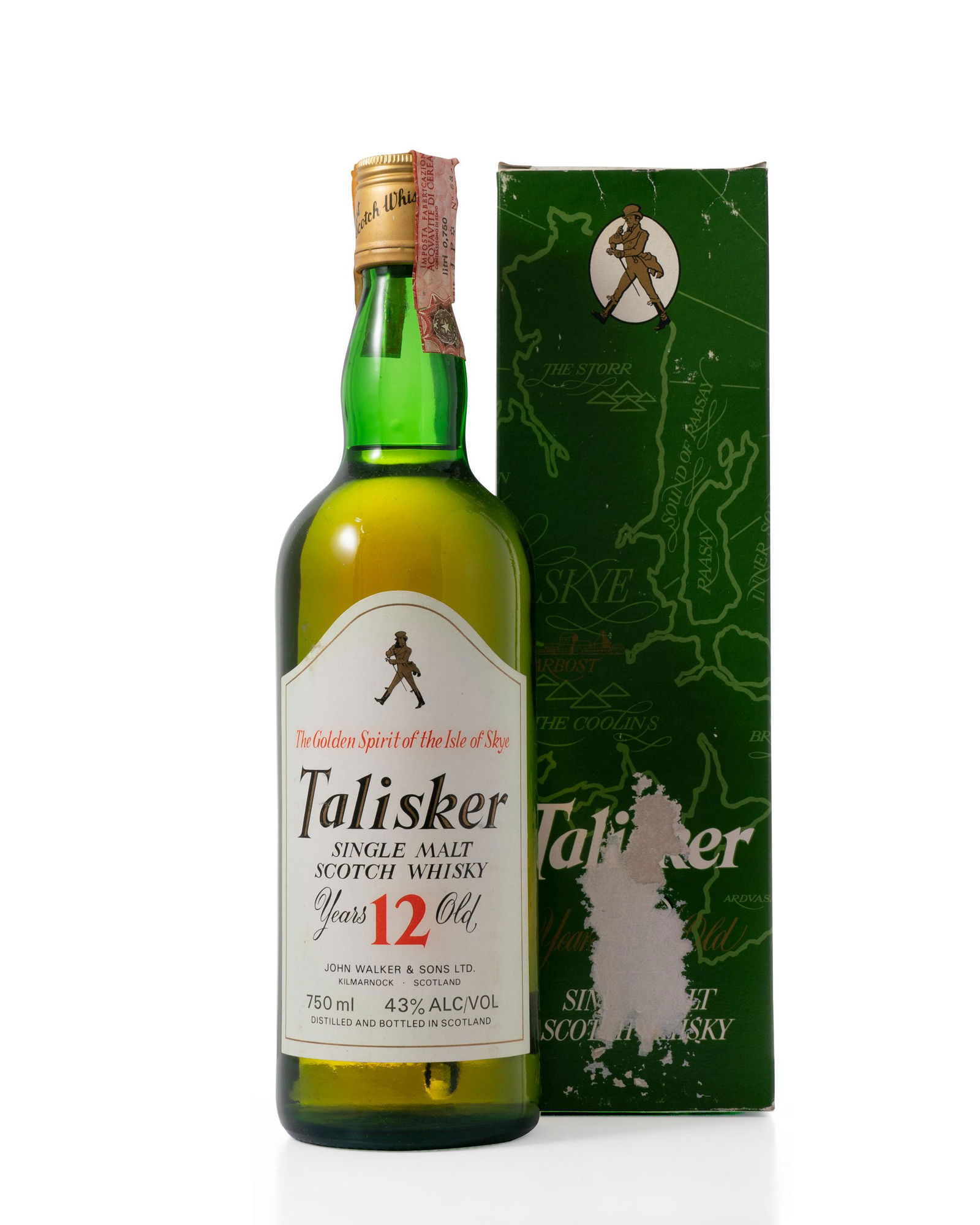 Talisker-12 year old: Talisker-12 year old Produced and bottled by John Walker & Sons Ltd. In original carton (distressed). Good labelling, some minor rubbing. Level: into neck. 750ml. Single malt, 43% volume 1 bottle