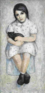 Louay Kayyali (Syria, 1934-1978) Girl with the Black Cat: Louay Kayyali (Syria, 1934-1978) Girl with the Black Cat oil on canvas, framed signed 'Kayali' and dated '63' (lower left), further signed, dated, titled and stamped by the Syrian Arab Republic Minist