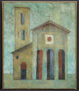 Louay Kayyali (Syria, 1934-1978) Chiesa: Louay Kayyali (Syria, 1934-1978) Chiesa oil on canvas, framed signed 'Kayali' and dated '1960' (lower right), further inscribed 'To Fiammetta with such sympathy, Louay Kayyali, Roma, 1960' on the vers