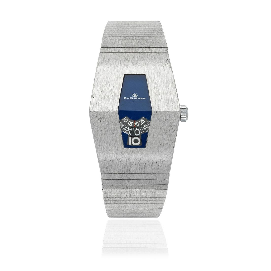 Bucherer. An unusual stainless steel automatic jump hour bracelet watch Directime, Ref: 9007, C...: Bucherer. An unusual stainless steel automatic jump hour bracelet watch Model: Directime Reference: 9007 Date: Circa 1970 Movement: 17-jewel A.S. Cal 1902 automatic Dial: Blue, black revolving discs w