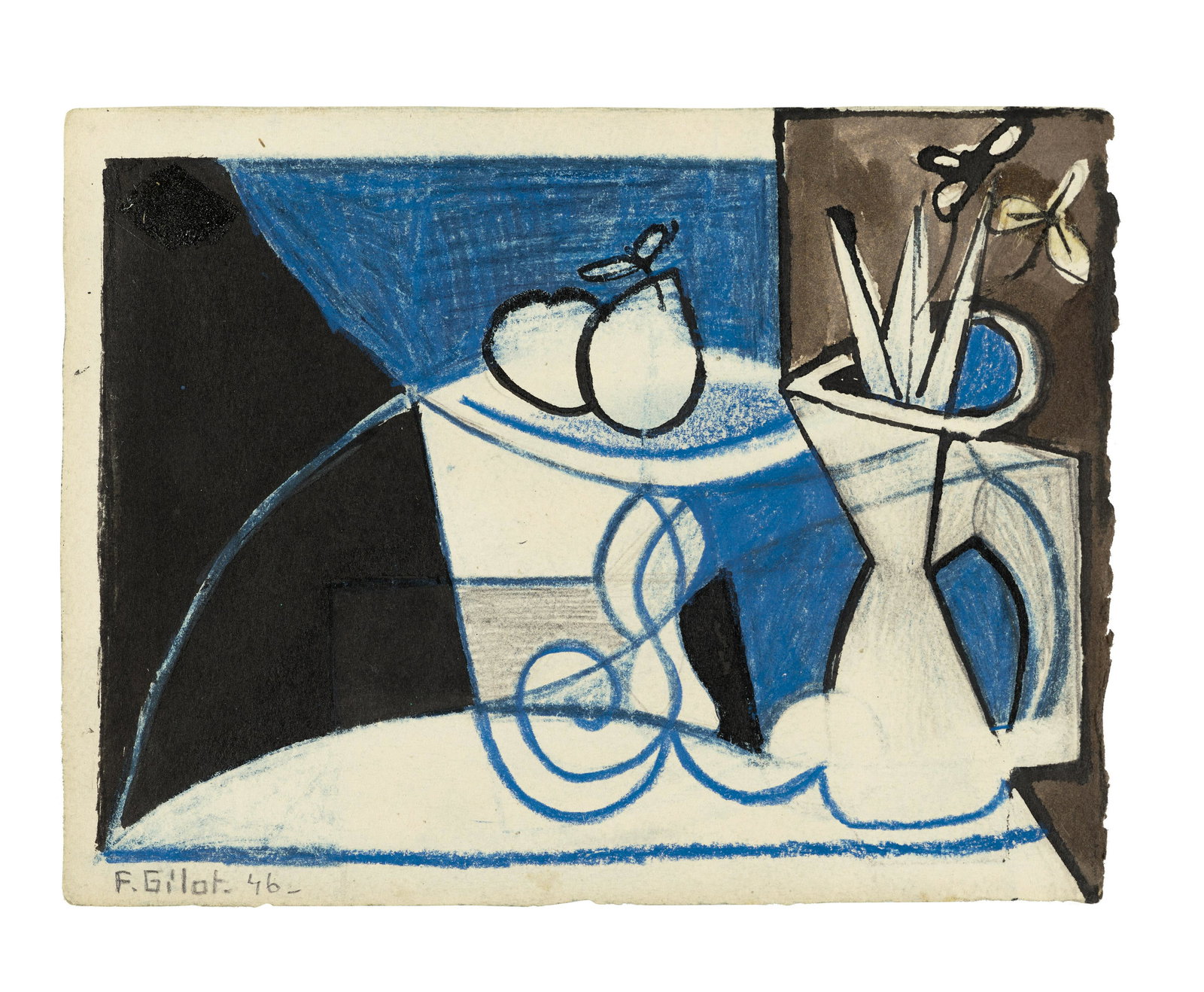FRANÇOISE GILOT (born 1921) Still life with blue curtain (recto); Still life with green cur... (1 of 2)