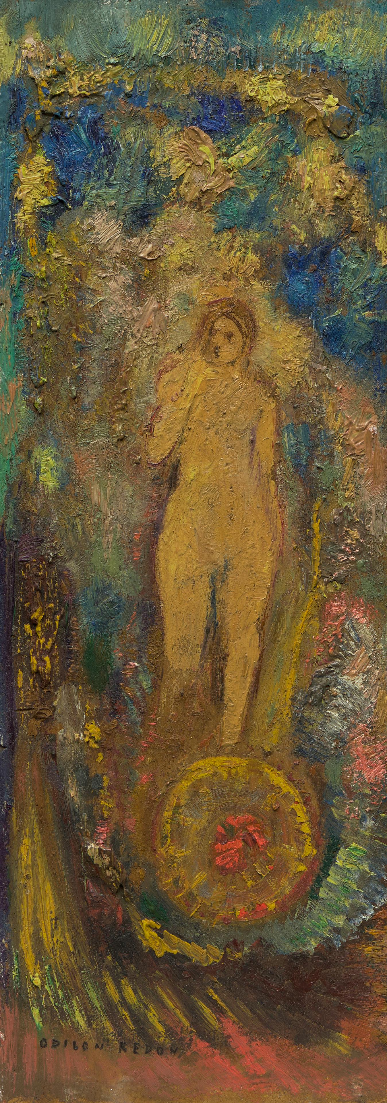 ODILON REDON (1840-1916) La roue de la fortune 15 1/8 x 5 3/8 in (38.4 x 13.7 cm): ODILON REDON (1840-1916) La roue de la fortune signed 'Odilon Redon' (lower left); inscribed in Chinese (on the reverse) oil on panel 15 1/8 x 5 3/8 in (38.4 x 13.7 cm) Footnotes: Provenance Ma