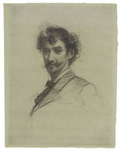 Paul Adolphe Rajon (1843-1888); Portrait of James McNeill Whistler;: Paul Adolphe Rajon (1843-1888) Portrait of James McNeill Whistler, c. 1880 Lithograph on olive laid paper with 'MBM' watermark, inscribed in ink 'les graveurs Rajon' (on reverse), with full margins. 8