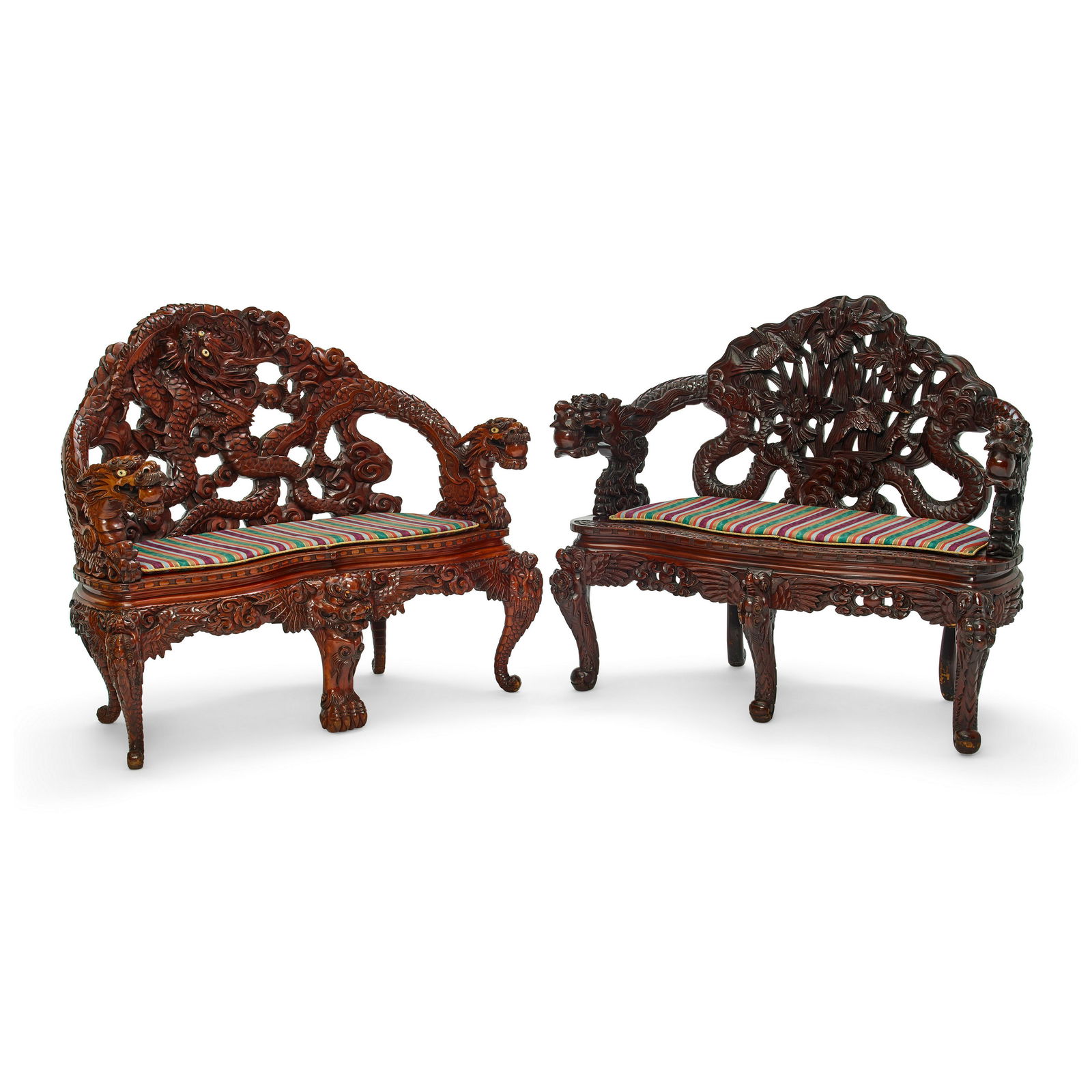 TWO CHINESE CARVED HARDWOOD SETTEES: TWO CHINESE CARVED HARDWOOD SETTEES height of larger 41 1/4in (105cm); width 50in (127cm); depth 26in (66cm)