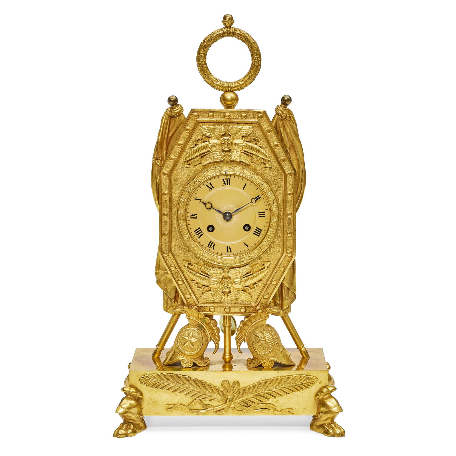 A FRENCH MILITARY THEMED GILT BRONZE AND METAL MANTEL CLOCK (1 of 1)