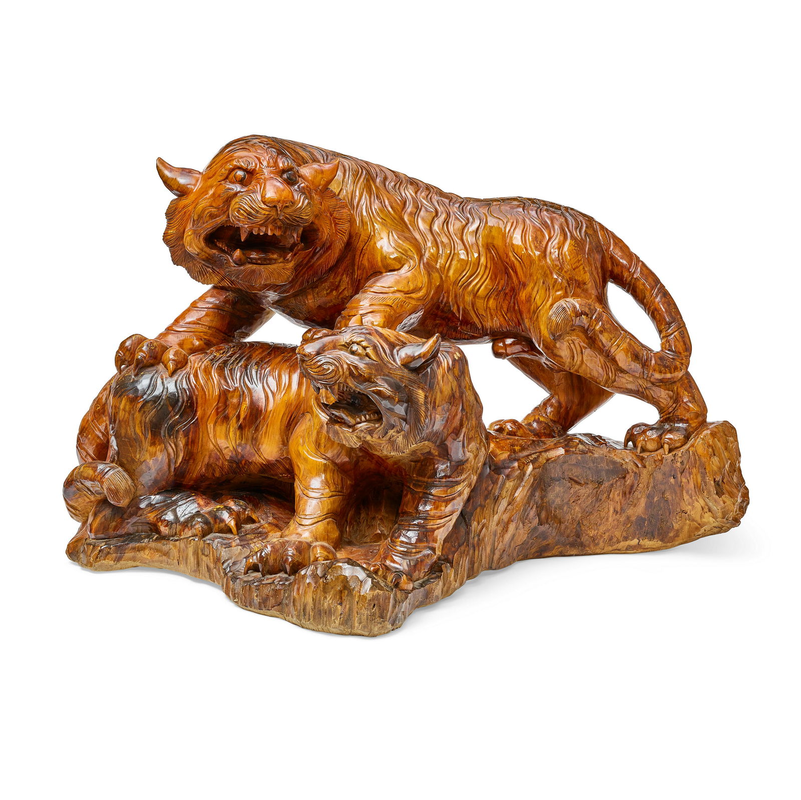 A CHINESE LACQUERED CARVED HARDWOOD FIGURAL GROUP OF TWO TIGERS (1 of 2)