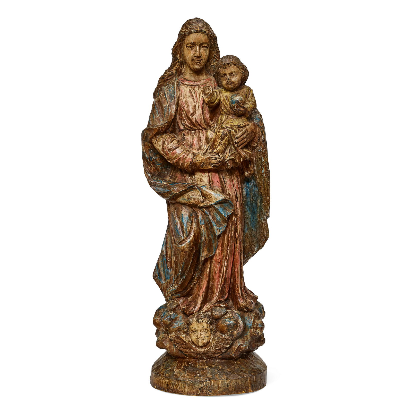 A SPANISH PROVINCIAL POLYCHROME CARVED WOOD FIGURAL GROUP OF THE MADONNA AND CHILD (1 of 2)