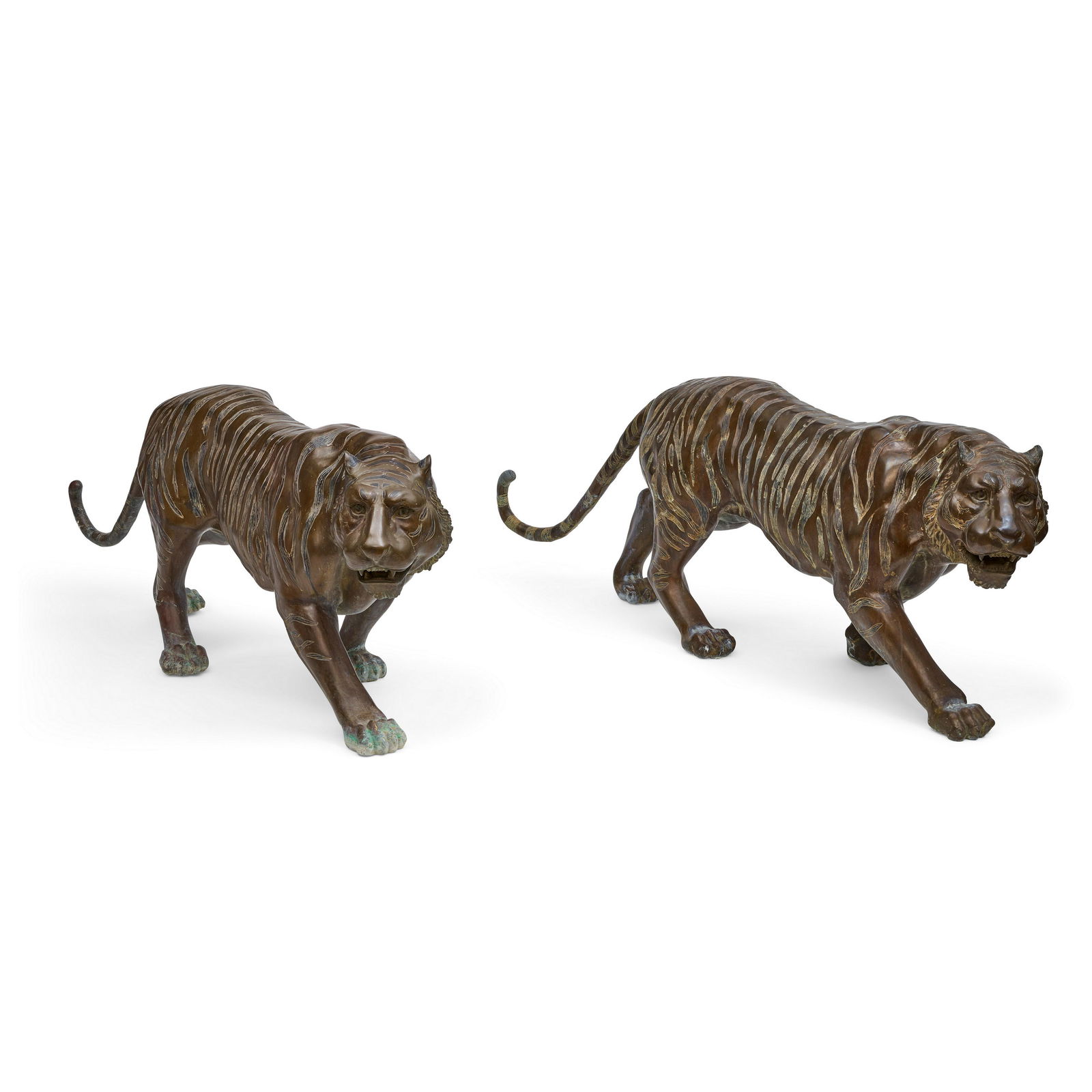 TWO PATINATED METAL FIGURES OF TIGERS (1 of 2)