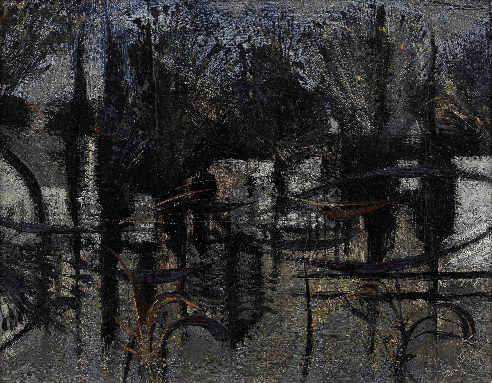 Alan Reynolds (British, 1926-2014) Autumn Nocturne 24.8 x 31.5 cm. (9 3/4 x 11 7/8 in.): Alan Reynolds (British, 1926-2014) Autumn Nocturne signed and dated 'Reynolds/54' (lower right) oil on board 24.8 x 31.5 cm. (9 3/4 x 11 7/8 in.) Footnotes: Provenance With Redfern Gallery, London, 8