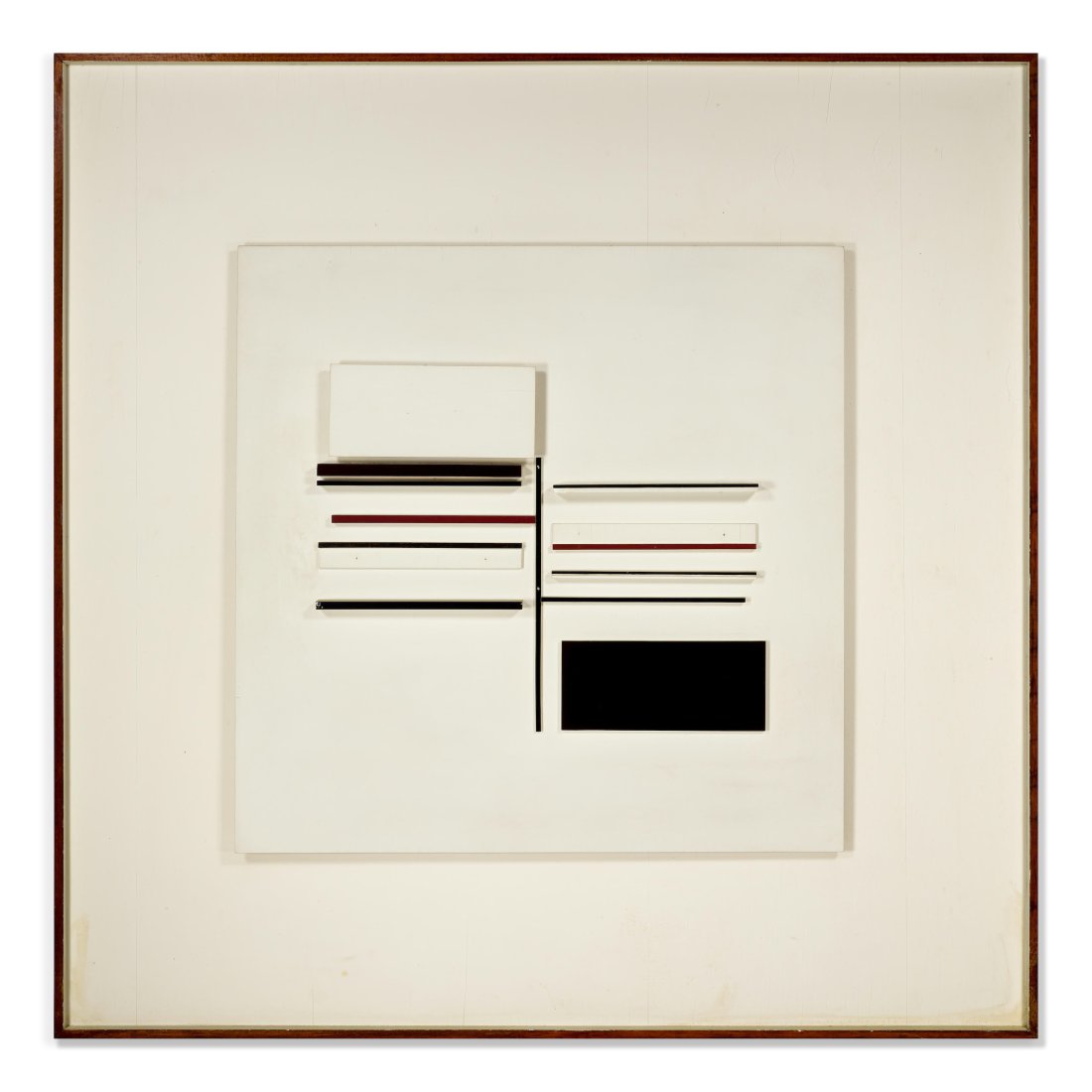 Victor Pasmore R.A. (British, 1908-1998) Relief Construction in White, Black, Brown and Maroon 1...: Victor Pasmore R.A. (British, 1908-1998) Relief Construction in White, Black, Brown and Maroon signed with initials and dated 'VP./1954' (verso) painted wood construction 122 x 122 cm. (48 x 48 in.) (
