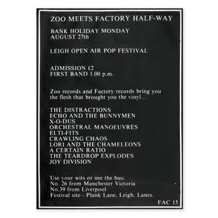 Joy Division: A Rare 'Leigh Open Air' Festival Poster, 25th-27th August 1979,: Joy Division: A Rare 'Leigh Open Air' Festival Poster, 25th-27th August 1979, Catalogue no. FAC 15, printed on paper, designed by Peter Saville, poster reading Zoo records and Factory records bring yo