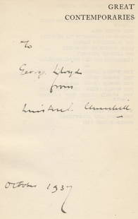 CHURCHILL (WINSTON) Great Contemporaries, FIRST EDITION, AUTHOR'S PRESENTATION COPY, inscribed '...: CHURCHILL (WINSTON) Great Contemporaries, FIRST EDITION, AUTHOR'S PRESENTATION COPY, inscribed 'To George Lloyd from Winston S. Churchill, October 1937' on the half-title, 21 photographic plates, pub