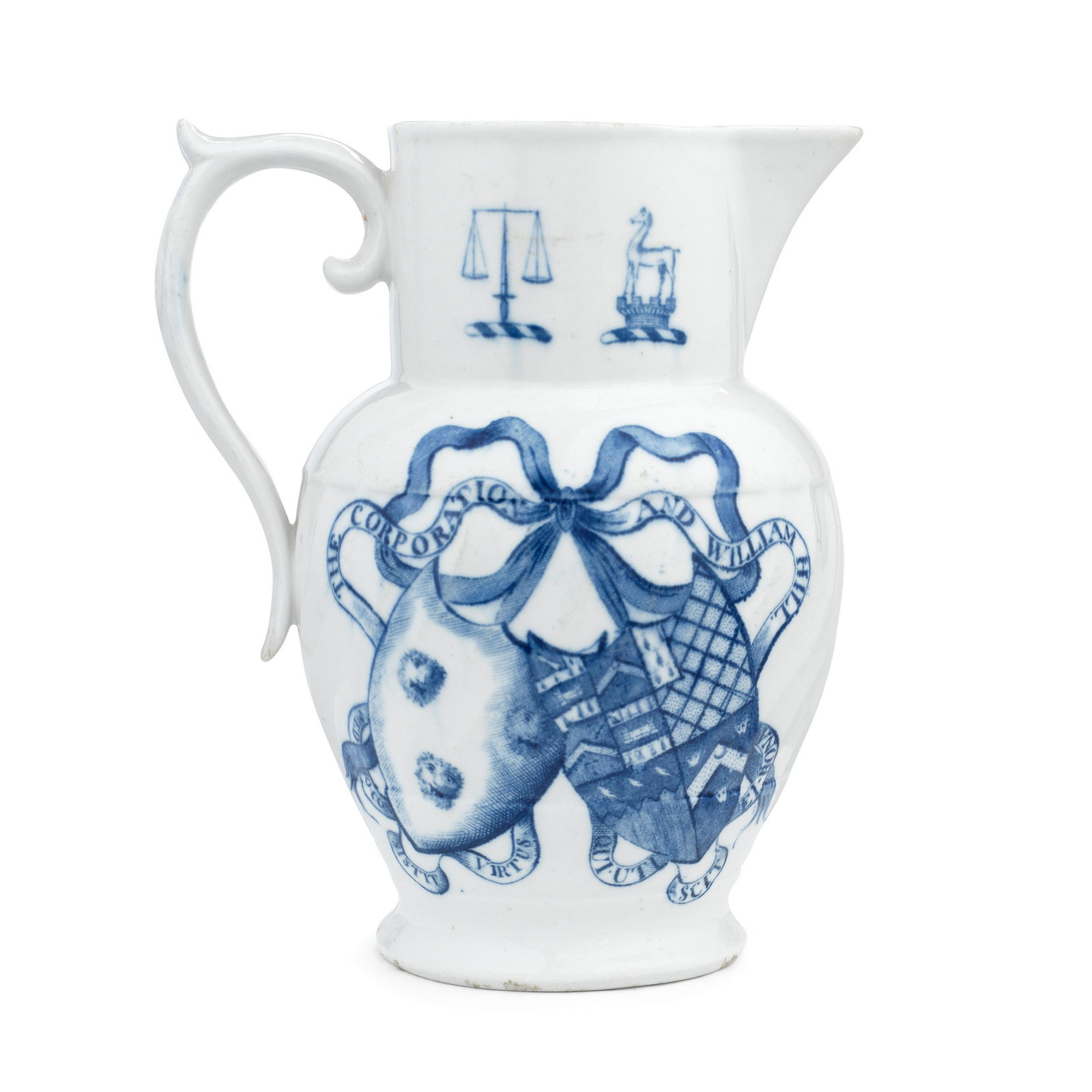 An early Coalport William Hill Election jug, circa 1802: An early Coalport William Hill Election jug, circa 1802 Commemorating the Shrewsbury Election, of baluster shape moulded with spiral or shanked flutes around the body, printed in blue on both sides wi
