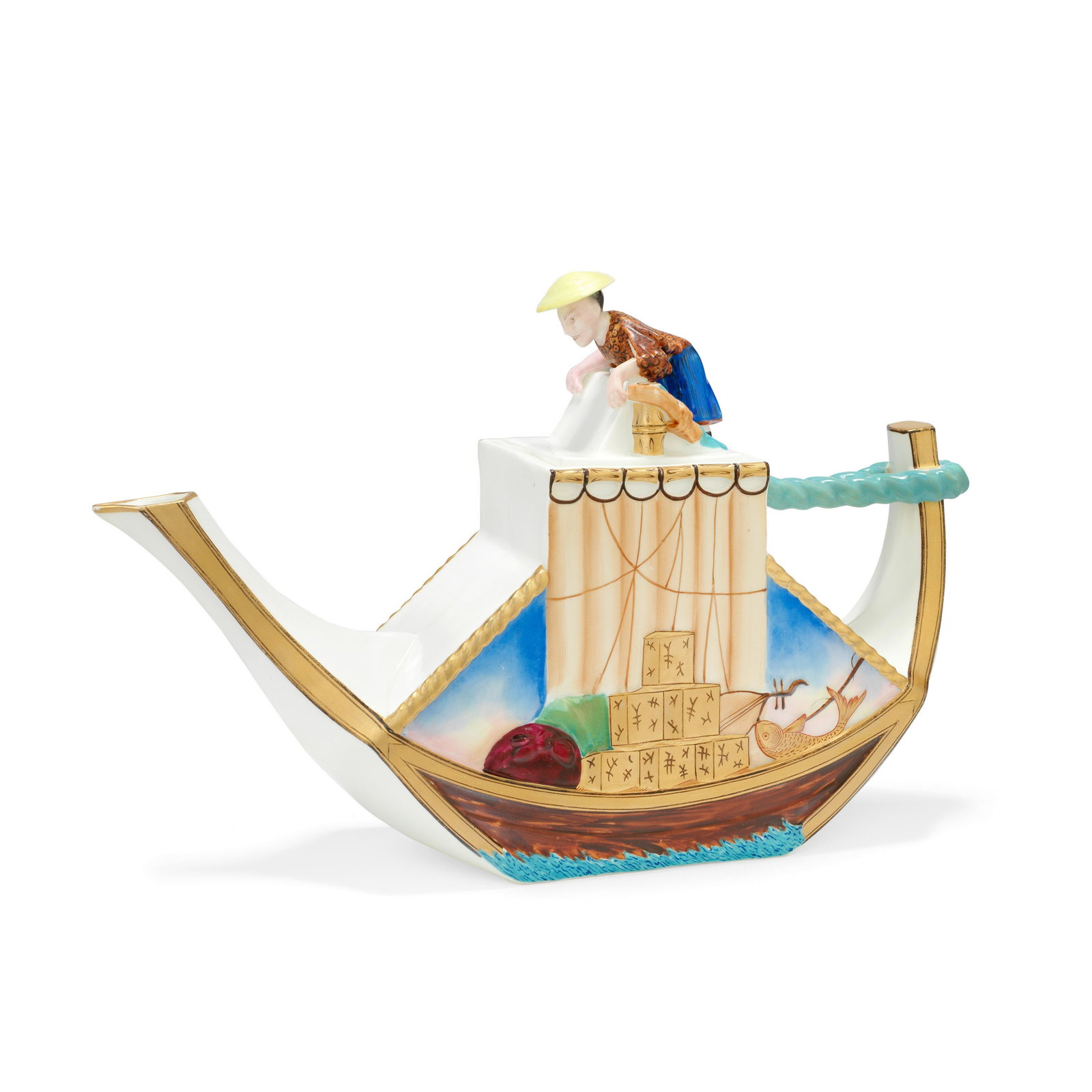 A very rare George Jones 'Chinese Junk' teapot and cover, circa 1876: A very rare George Jones 'Chinese Junk' teapot and cover, circa 1876 Conceived in the form of a Chinese cargo boat fully laden with chests of tea, a single figure standing on top of the cover and stee