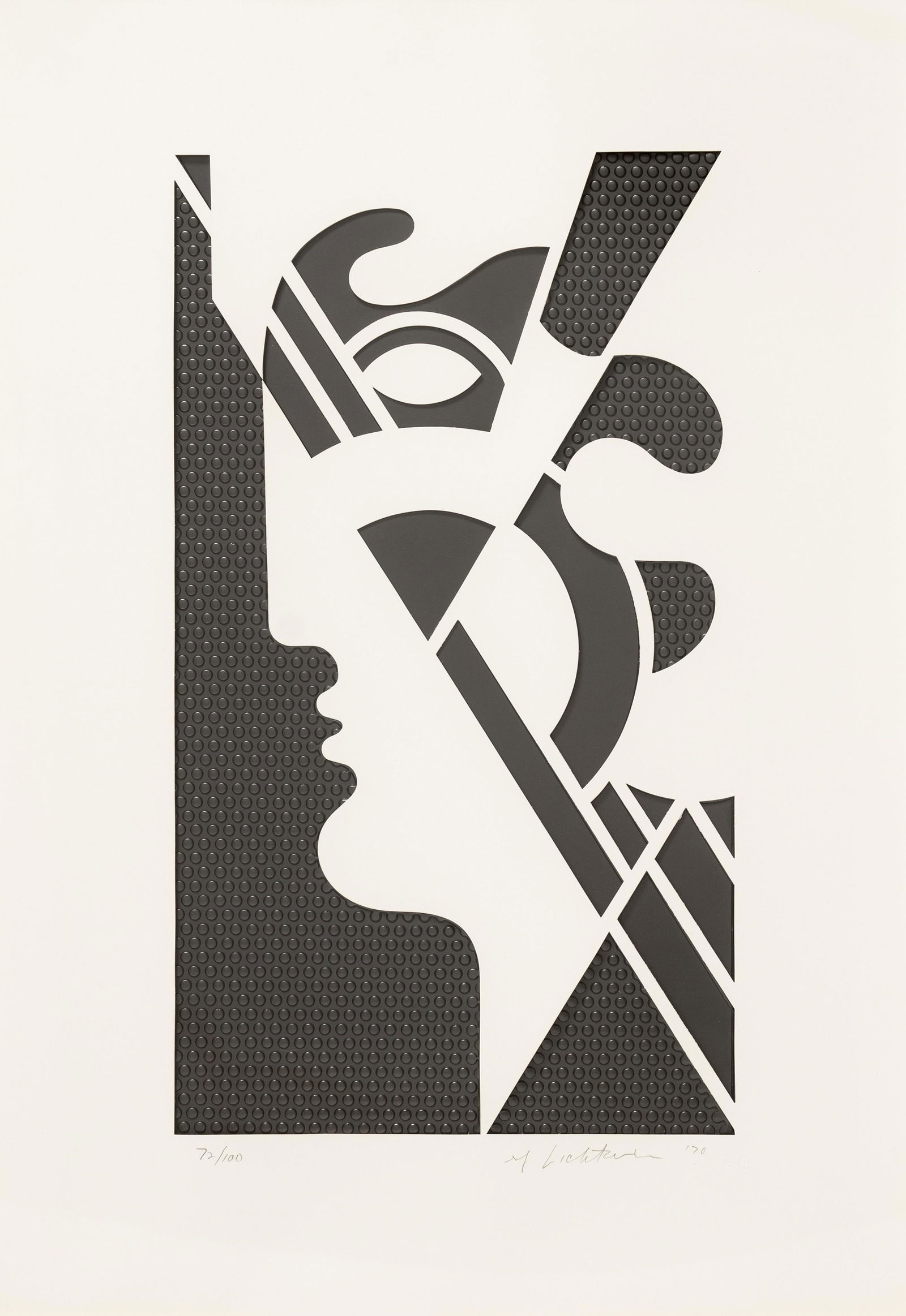 Roy Lichtenstein (1923-1997) Modern Head 5, from Modern Head series Embossed graphite with Strat...: Roy Lichtenstein (1923-1997) Modern Head 5, from Modern Head series (Corlett 95) Embossed graphite with Strathmore die-cut overlay, 1970, signed in pencil, dated and numbered 72/100 (there were also 7
