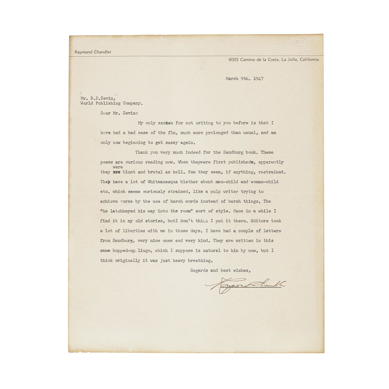 CHANDLER, RAYMOND. 1888-1959. Typed Letter Signed ('Raymond Chandler') to B.D. Zevin of the Worl... (1 of 1)