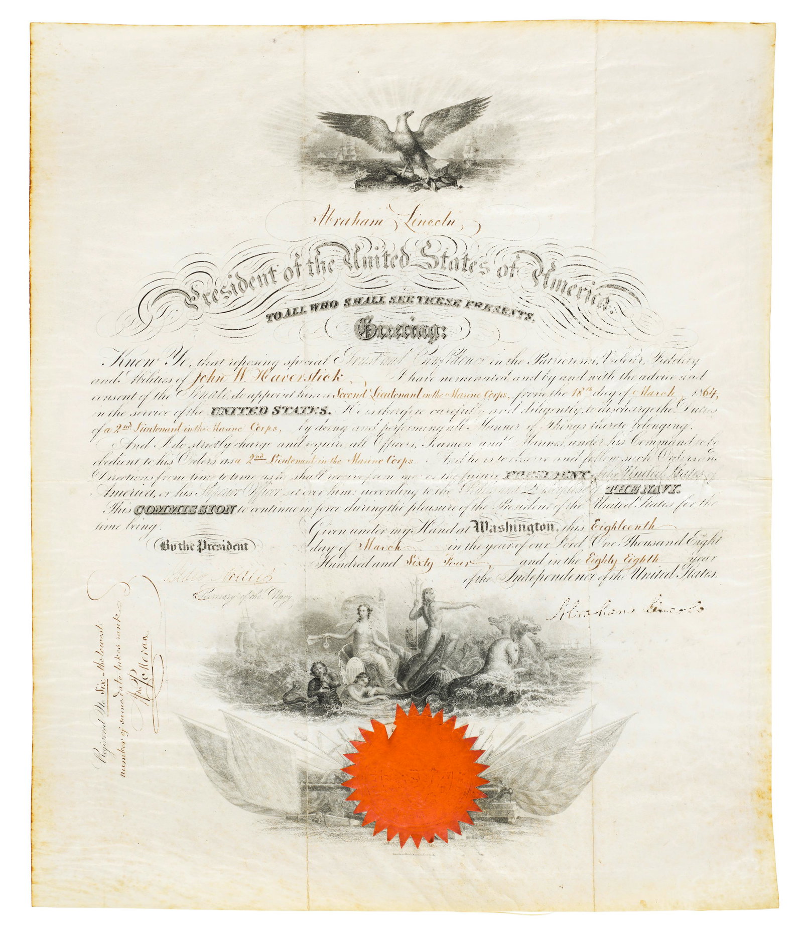 LINCOLN, ABRAHAM. 1809-1865. Document signed on vellum ('Abraham Lincoln') as President, a Marin... (1 of 1)