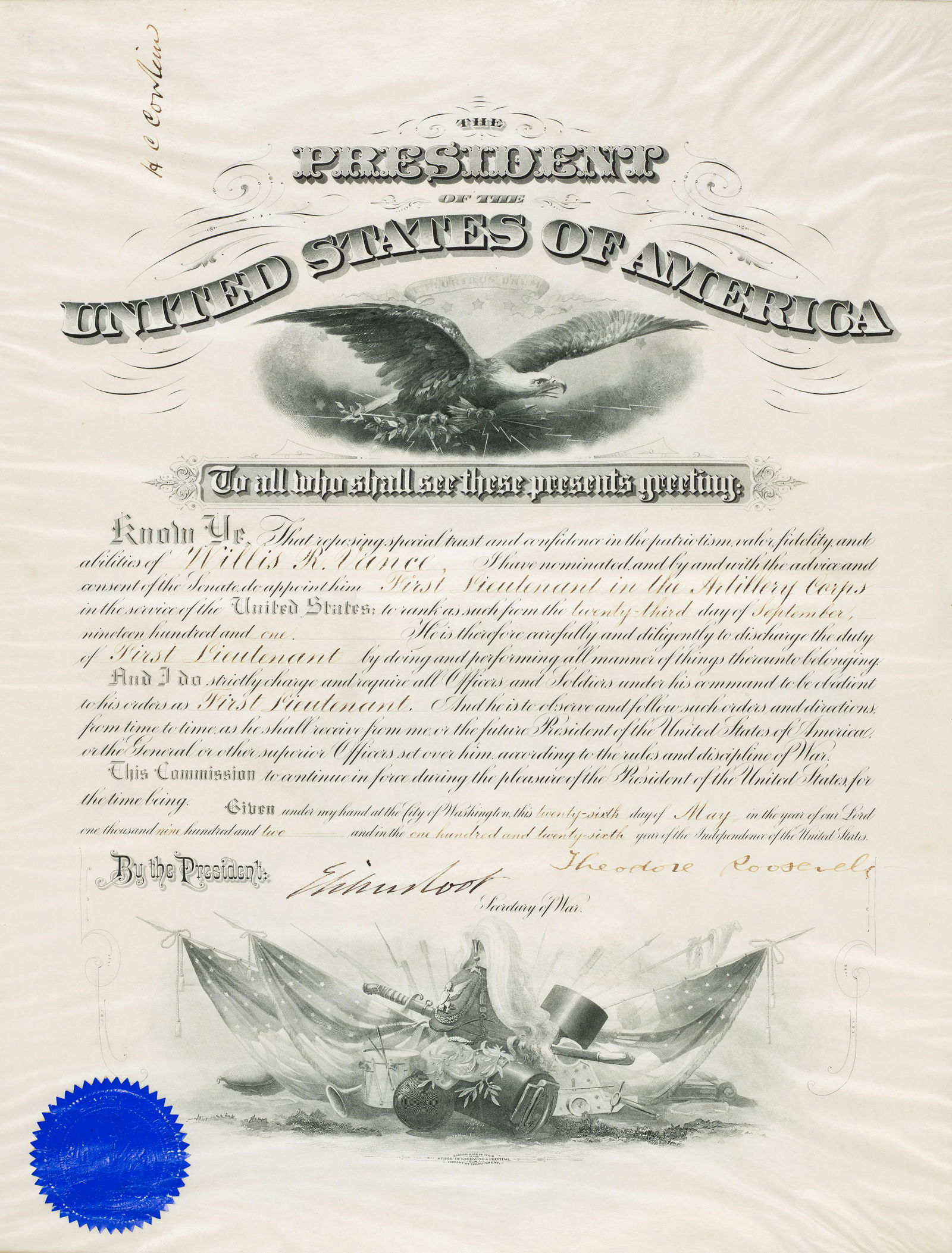 ROOSEVELT, THEODORE. 1858-1919. Document signed on vellum ('Theodore Roosevelt') as President, a... (1 of 1)