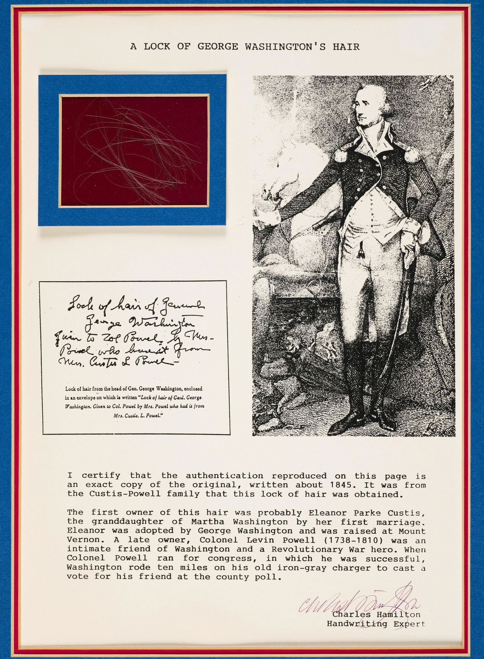 RELICS OF GEORGE WASHINGTON AND ROBERT E. LEE. 1. WASHINGTON, GEORGE. A lock of hair from Genera... (1 of 2)