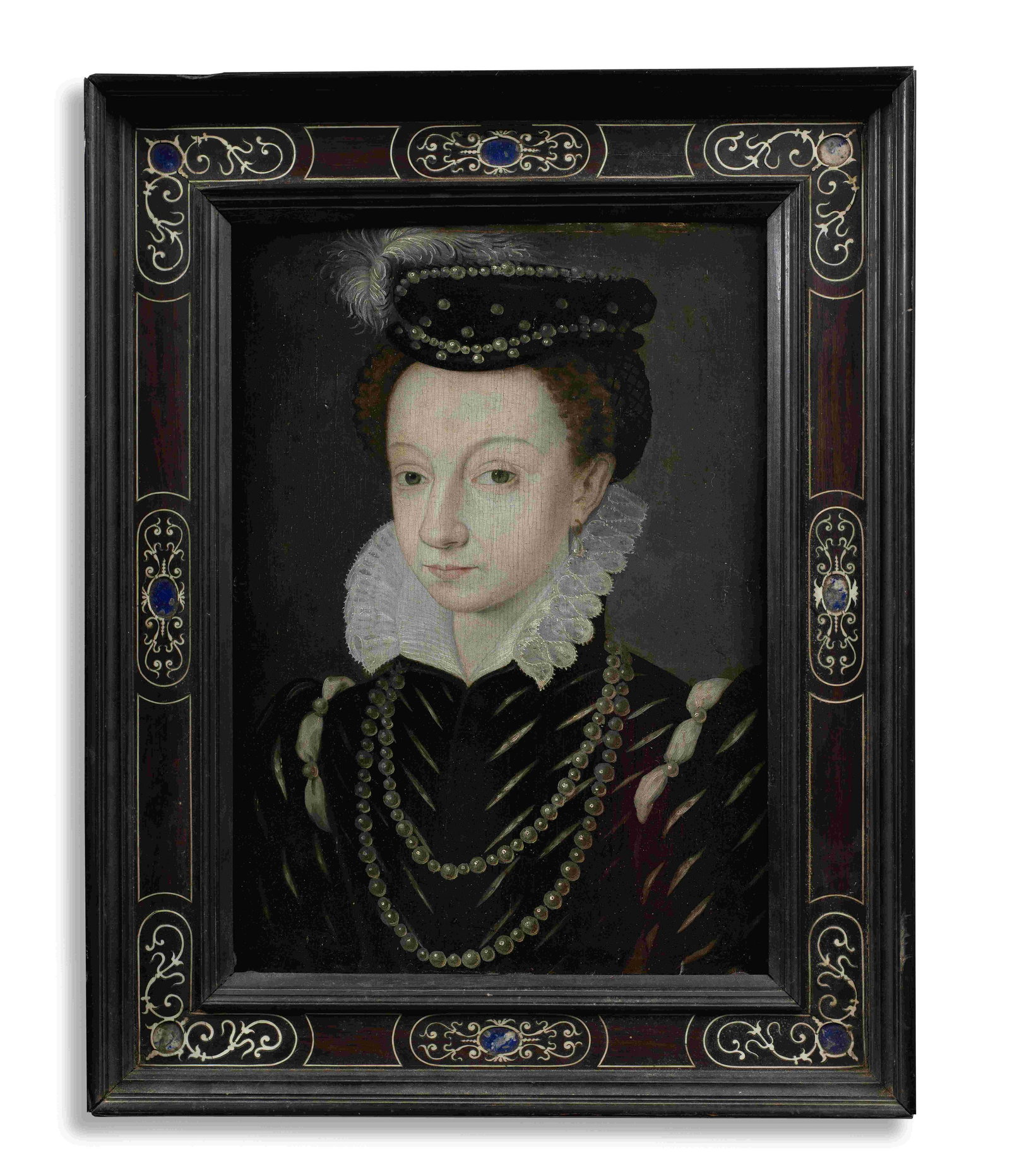 Follower of François Clouet (Tours 1522-1572 Paris) Portrait of a lady, possibly Marguerite...: Follower of François Clouet (Tours 1522-1572 Paris) Portrait of a lady, possibly Marguerite de Valois, bust-length, in black costume and a feathered hat oil on panel 35.2 x 25.3cm (13 7/8 x 9 15/