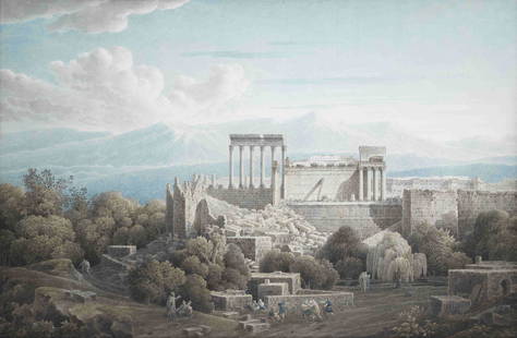 Louis-François Cassas (Azay-le-Ferron 1756-1827 Versailles) The remains of the Temple of Ju...: Louis-François Cassas (Azay-le-Ferron 1756-1827 Versailles) The remains of the Temple of Jupiter and the Great Court at Baalbek, Lebanon pen, ink and watercolour on laid paper 61.6 x 93.3cm (24 1