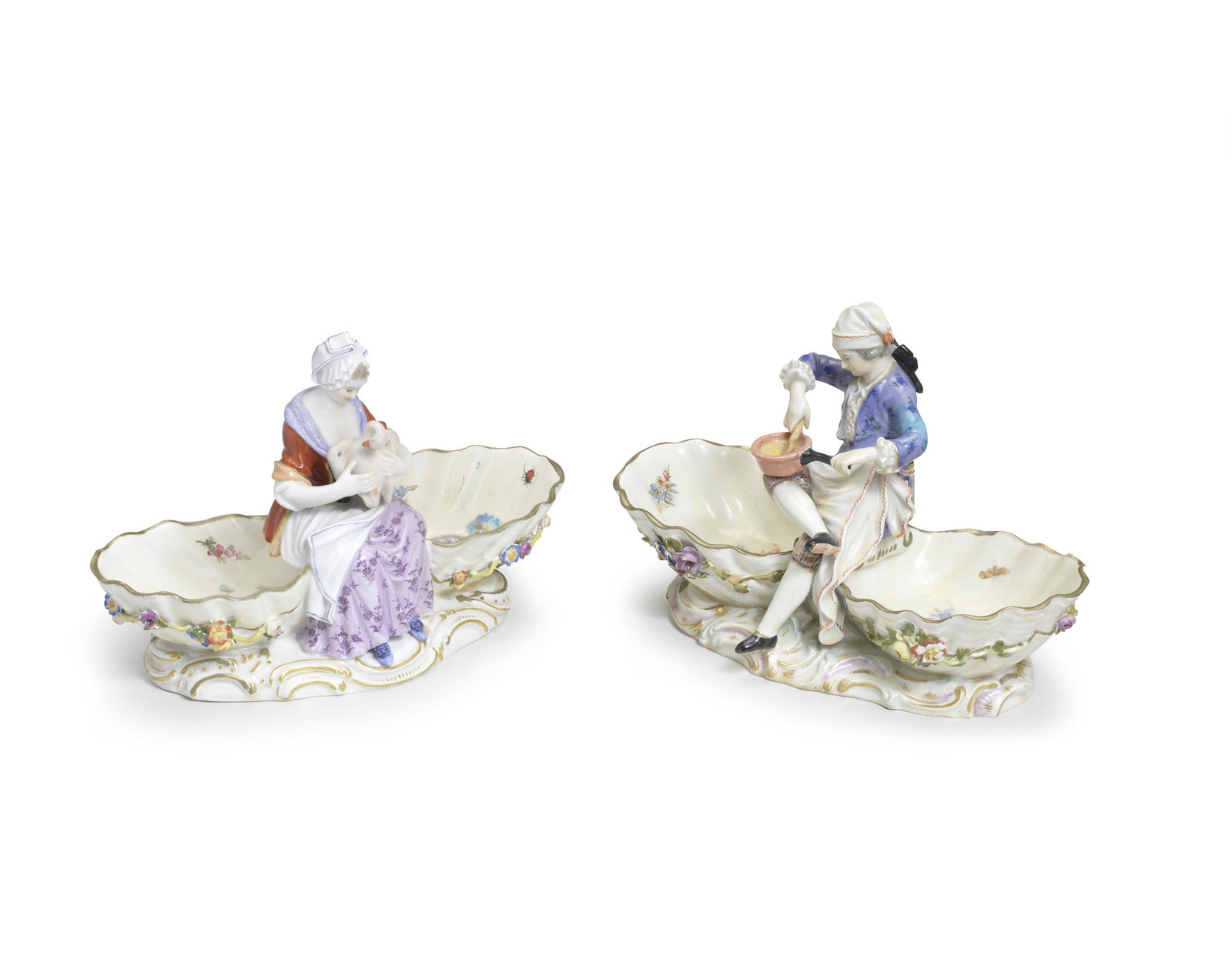 Two Meissen figural double-salts, late 19th century; together with a Meissen group of putti with... (1 of 2)