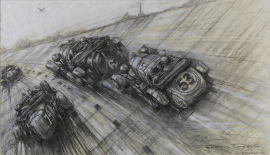 Frederick Gordon Crosby (British, 1885-1943): 'Brooklands',: Frederick Gordon Crosby (British, 1885-1943): 'Brooklands', signed, charcoal and wash mixed-media on paper, depicting the 1929 Junior Car Club Double Twelve at Brooklands, 39 x 68cm, mounted, framed a