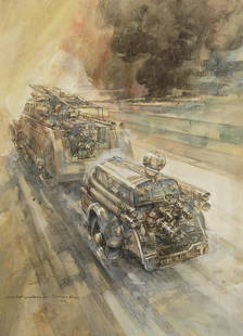 Frederick Gordon Crosby (1885-1943) 'Fire Fighting in the Blitz',: Frederick Gordon Crosby (1885-1943) 'Fire Fighting in the Blitz', signed and dated '42, watercolour on board depicting an AFS Heavy Fire Tender with trailer mounted fire fighting pump, 40 x 55 cm, fra