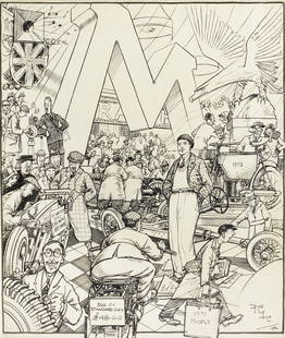 Frederick Gordon Crosby (1885-1943): 'Motor Show, 1930': Frederick Gordon Crosby (1885-1943): 'Motor Show, 1930' initialled FGC and dated 1930, large-format pen and ink cartoon depicting the 1930 motor show in full swing, with a self-caricature showing the