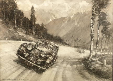 Frederick Gordon Crosby (English, 1885-1943), 'Lagonda V12 on Tour',: Frederick Gordon Crosby (English, 1885-1943), 'Lagonda V12 on Tour', signed, charcoal drawing on artist's board, heightened with white, depicting the V12 Saloon at speed along a tree-lined road, 50 x