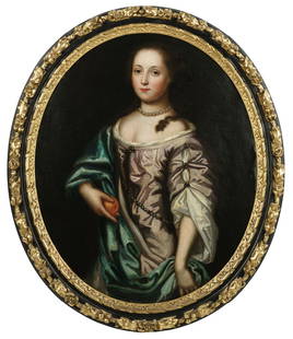 FOLLOWER OF WILLEM WISSING (AMSTERDAM 1656-1687 BURGHLEY) Portrait of a young woman, three-quart...: FOLLOWER OF WILLEM WISSING (AMSTERDAM 1656-1687 BURGHLEY) Portrait of a young woman, three-quarter length, wearing a mauve satin dress, oval Oil on canvas 84 x 69cm (33 1/16 x 27 3/16in).