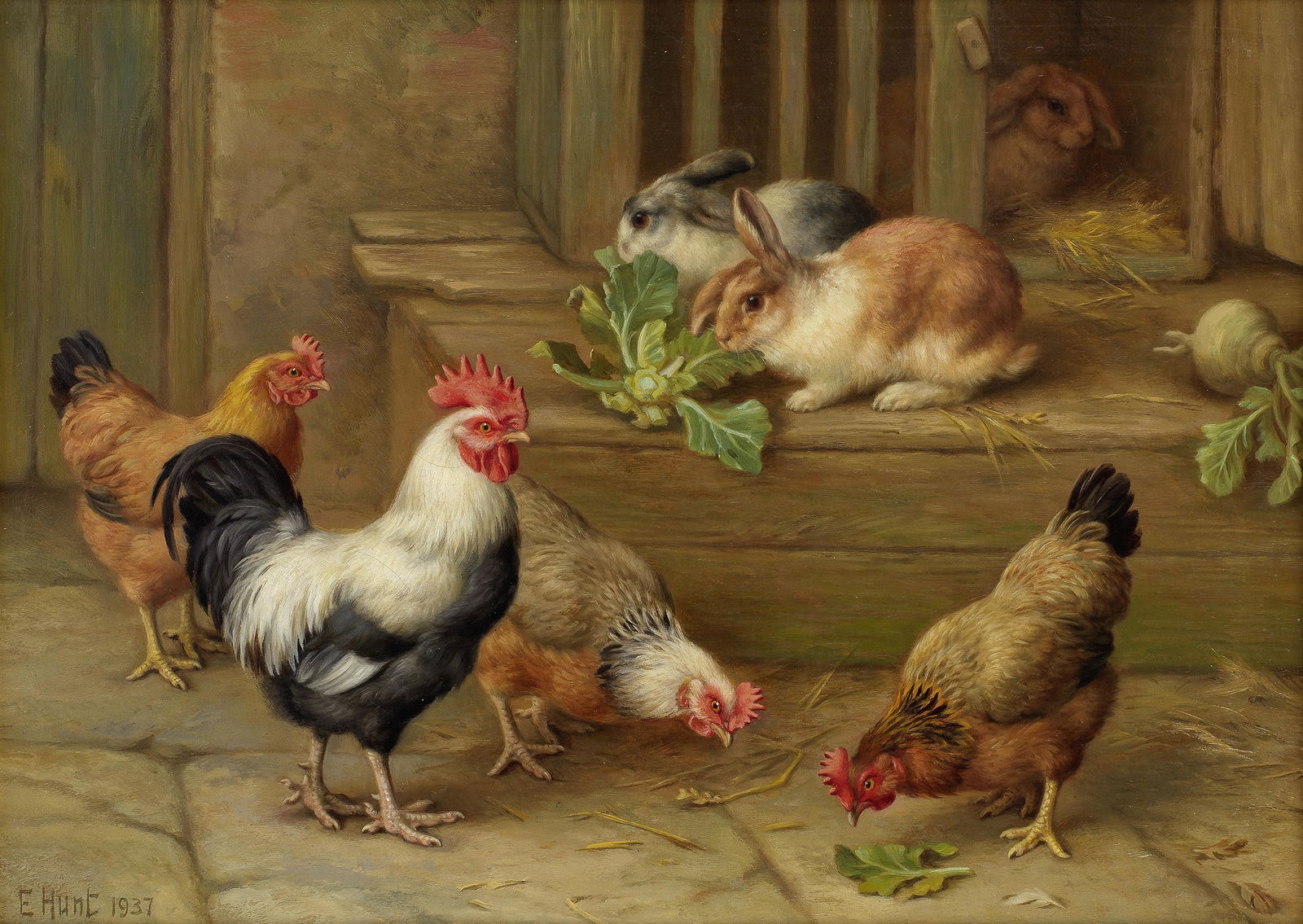 Edgar Hunt (British, 1876-1953) The remains of the cabbage, chickens and rabbits eating: Edgar Hunt (British, 1876-1953) The remains of the cabbage, chickens and rabbits eating signed and dated 'E Hunt 1937' (lower left) oil on canvas 20 x 28cm (7 7/8 x 11in). Footnotes: Pro