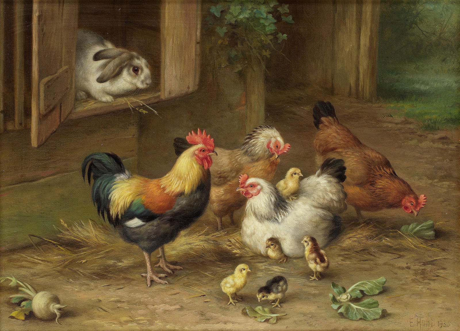 Edgar Hunt (British, 1876-1953) A view from the hutch, a rabbit overlooking a family of chickens: Edgar Hunt (British, 1876-1953) A view from the hutch, a rabbit overlooking a family of chickens signed and dated 'E Hunt 1935' (lower right) oil on canvas 20 x 28cm (7 7/8 x 11in). Footnotes:<