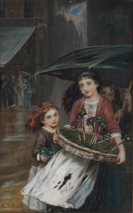 Augustus Edwin Mulready (British, 1844-1905) The flower sellers: Augustus Edwin Mulready (British, 1844-1905) The flower sellers signed and dated 'A E Mulready/92' (lower left) oil on board 23.8 x 14.9cm (9 3/8 x 5 7/8in).